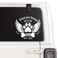 Forever Loved dog memorial decal with angel wings, paw print, halo and personalized name and years on a white vehicle