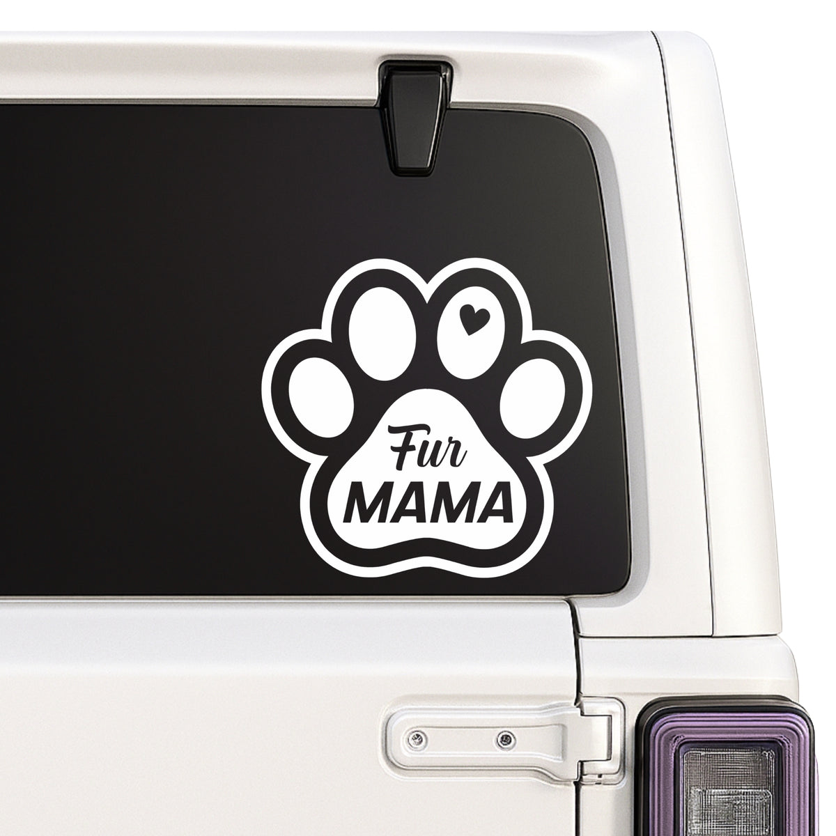 Fur Mama — paw print design shown on a white Jeep window