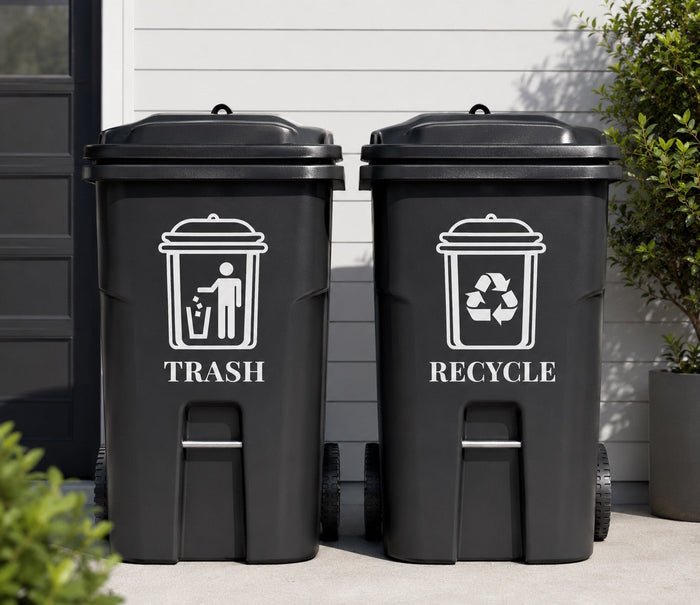 Two black trash and recycle bins with labels on a neutral background