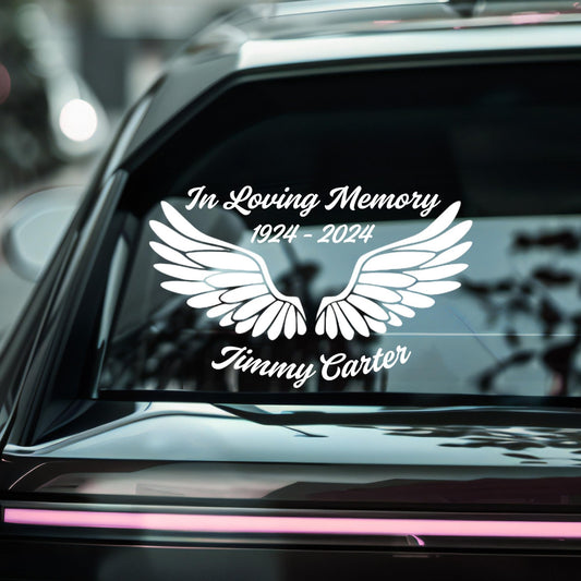 Personalized In Loving Memory decal sticker for car windows, featuring heartfelt design and easy application instructions included.