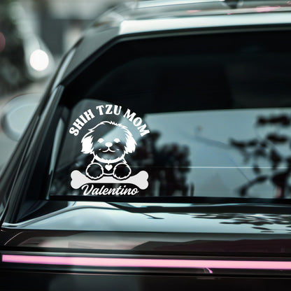 Customizable Shih Tzu Mom or Dad vinyl car decal with pet name, available in multiple colors, shown on a car window.