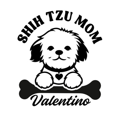 Customizable Shih Tzu Mom or Dad vinyl car decal with pet name in various colors, designed for window decoration.