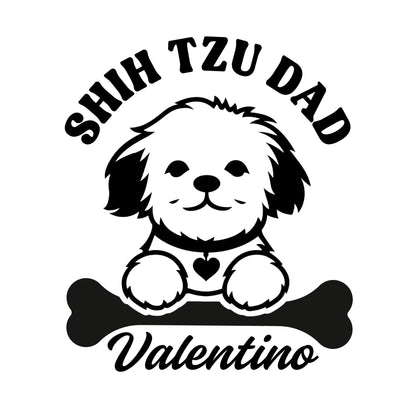 Customizable Shih Tzu Mom or Dad vinyl car decal with pet name, available in multiple colors, shown on a car window.