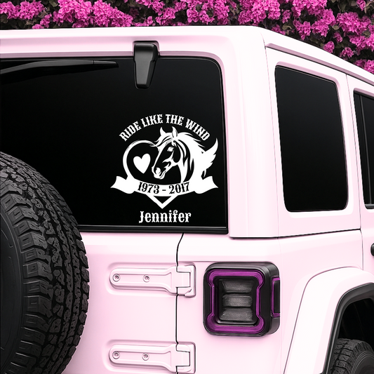 Custom horse memorial vinyl decal with a heart design on a Jeep, featuring vibrant colors and durable adhesive for outdoor use.