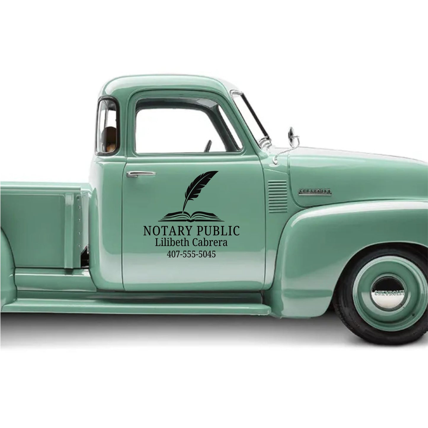 Custom notary public vinyl decal featuring a book and quill logo, ideal for laptops, cars, windows in five colors.