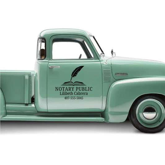 Custom notary public vinyl decal featuring a book and quill logo, ideal for laptops, cars, windows in five colors.