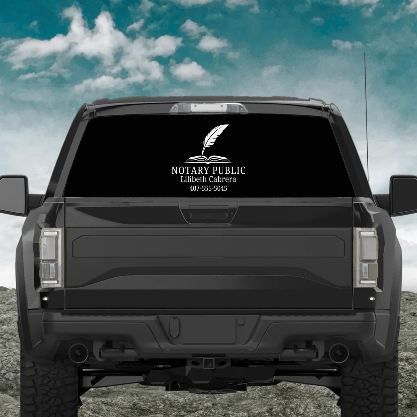 Custom notary public vinyl decal featuring a book and quill logo, suitable for cars, laptops, and windows in 5 colors.