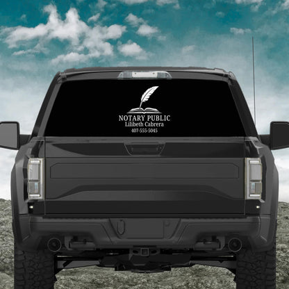 Custom notary public vinyl decal featuring a book and quill logo, suitable for cars, laptops, and windows in 5 colors.