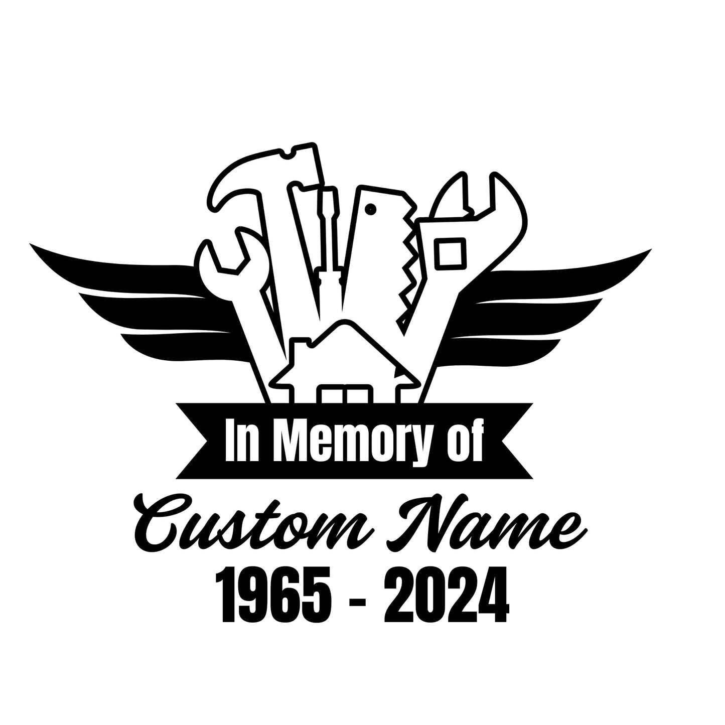 Custom "In Memory Of" vinyl car window decal with handyman tools design, personalized with a name for memorial tribute.