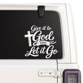 Give It to God and Let It Go — cross design shown on a white Jeep window