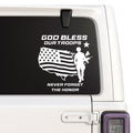God Bless Our Troops — soldier and flag design shown on a white Jeep window