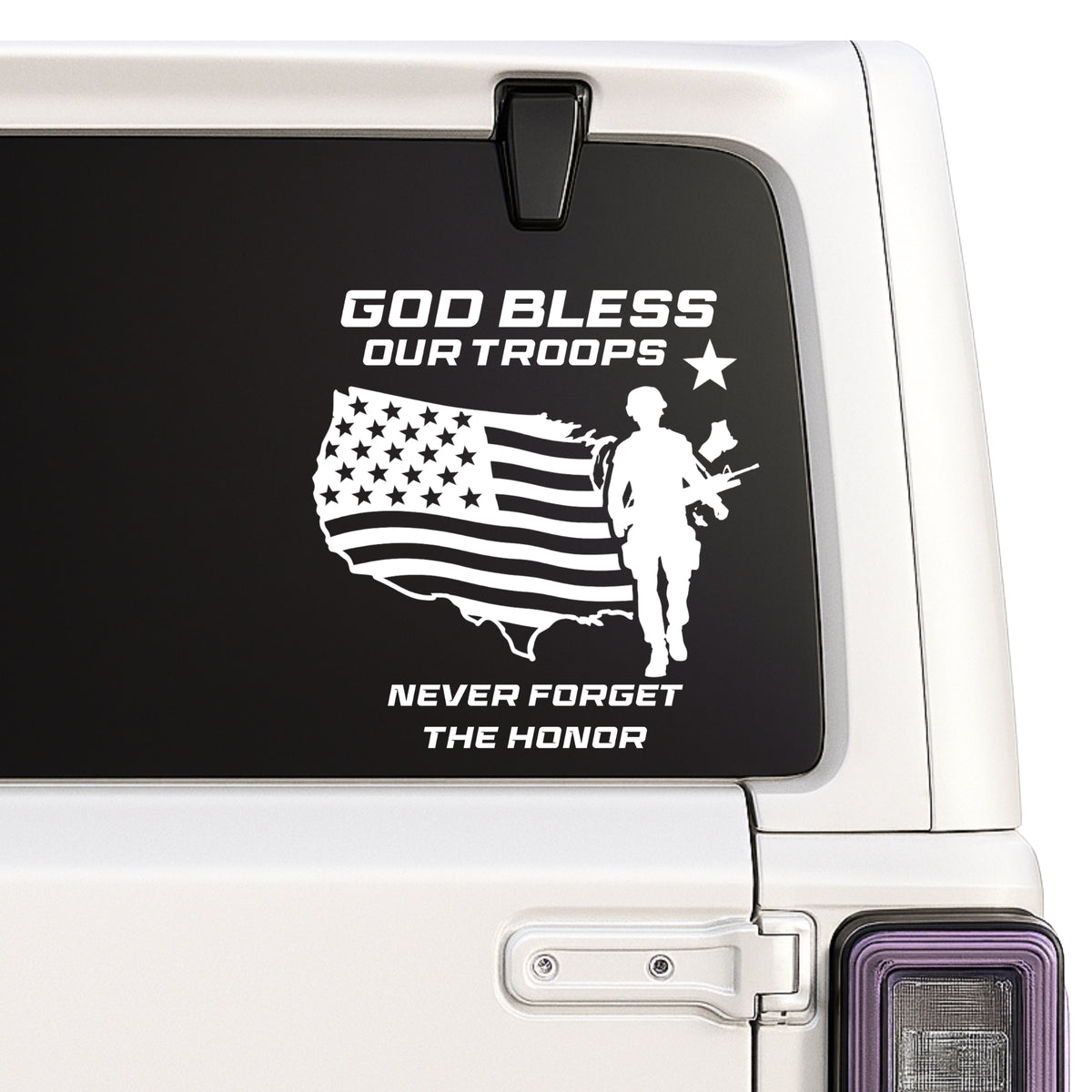 God Bless Our Troops — soldier and flag design shown on a white Jeep window