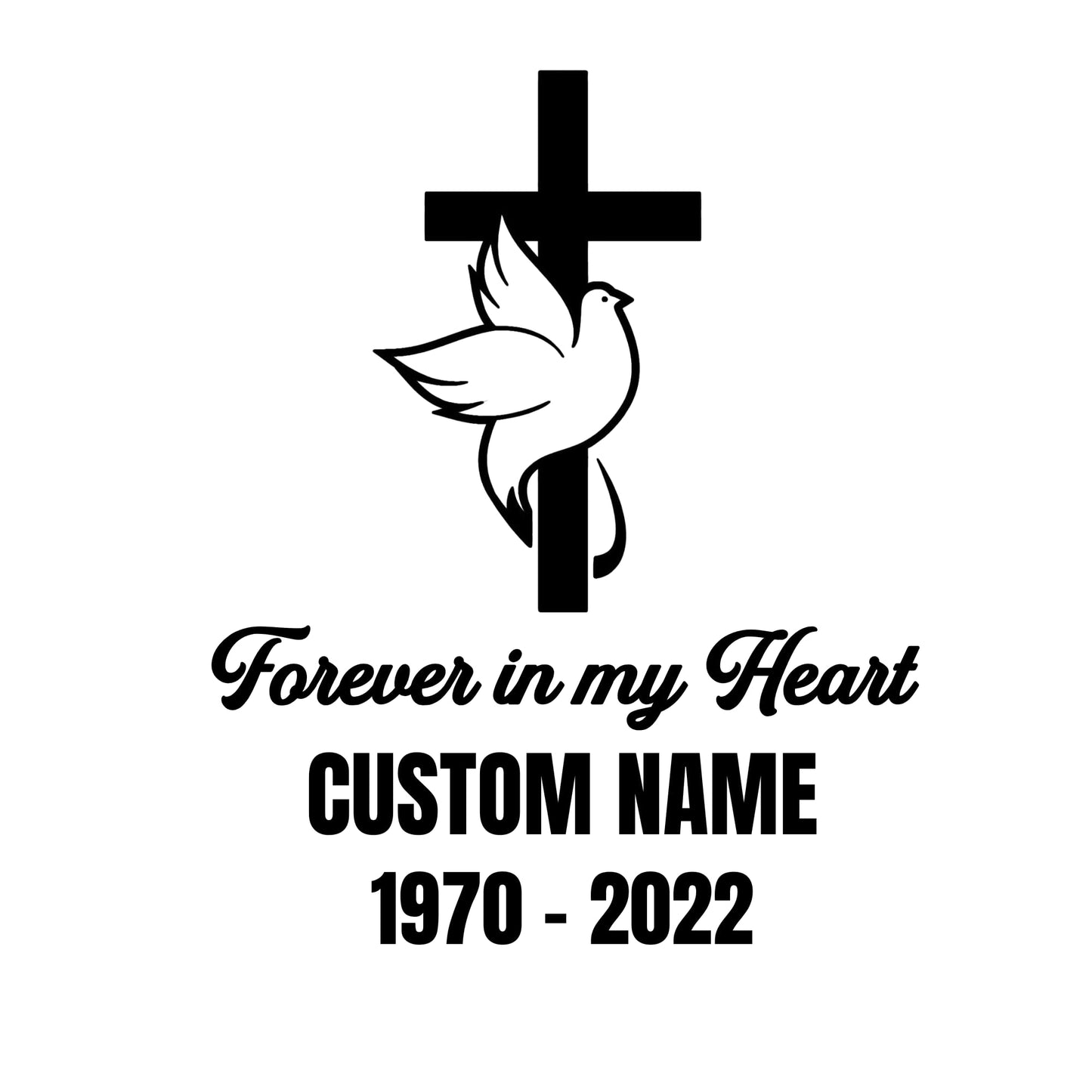 Custom memorial cross and dove car decal in five colors, symbolizing remembrance and love for loved ones.