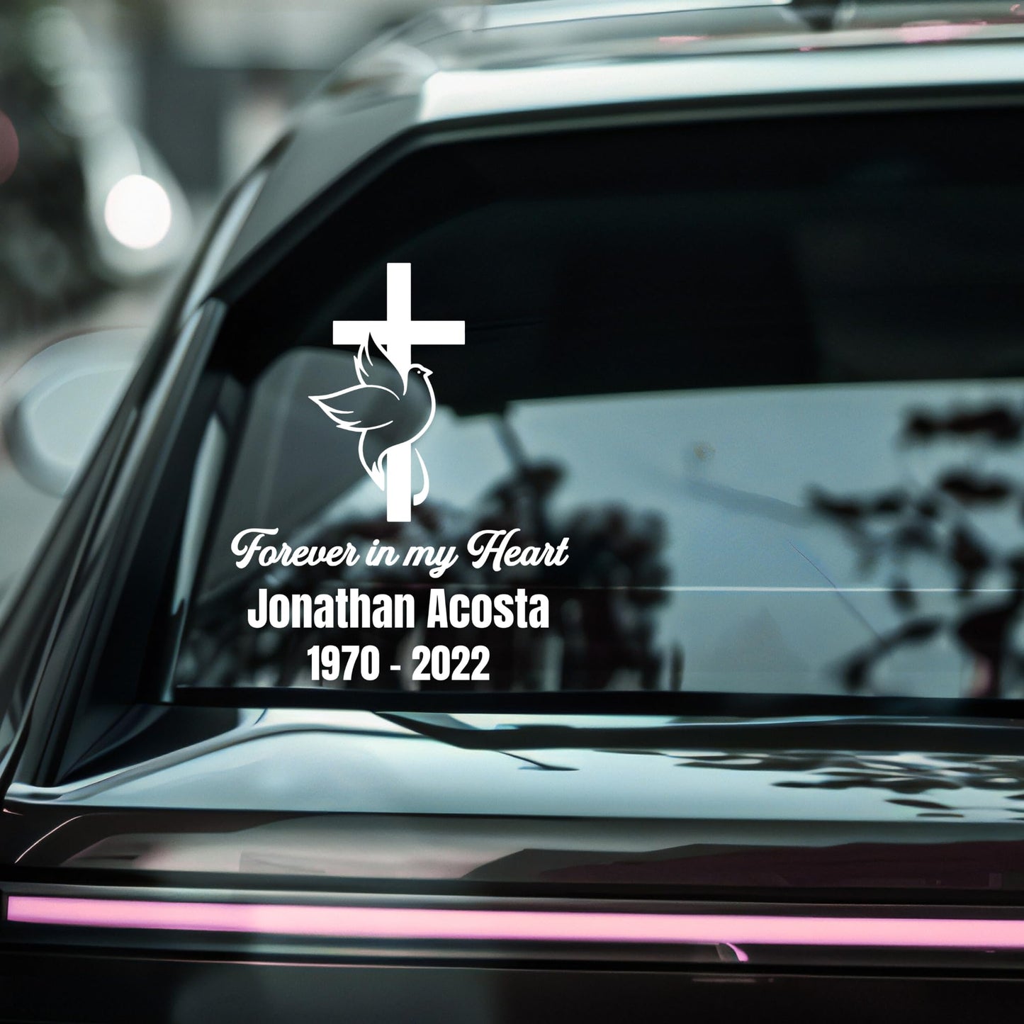 Custom memorial cross dove car decal in five color options, featuring "Forever in My Heart" design for vehicles.