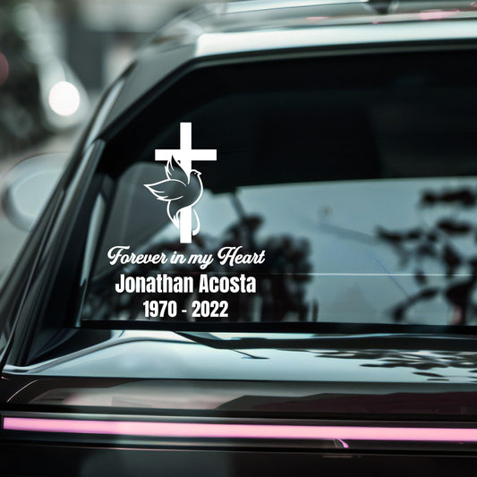 Custom memorial cross dove car decal in five color options, featuring "Forever in My Heart" design for vehicles.