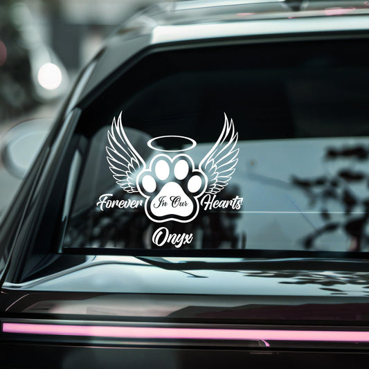 Pet Memorial Car Decal | Forever In Our Hearts Vinyl Sticker | Angel Wings | Application Instructions Included Personalized | Decal Sticker Car Window | - Nostalgi Factory