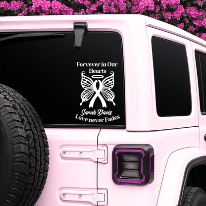 Personalized Ribbon Memorial & Butterfly Car Decal | Forever in Our Hearts | Customizable Name and Dates | Love Never Fades - Nostalgi Factory
