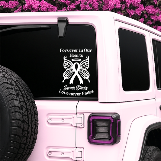 Personalized Ribbon Memorial & Butterfly Car Decal | Forever in Our Hearts | Customizable Name and Dates | Love Never Fades - Nostalgi Factory