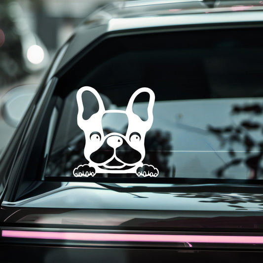French Bulldog vinyl decal car sticker featuring a cute peeking dog design in multiple colors, perfect for vehicle decoration.