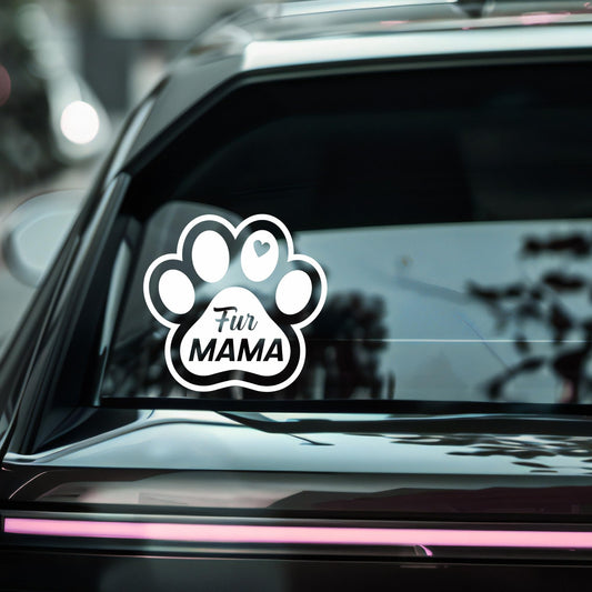Fur Mama car decal with paw print design, Nostalgi Factory, adhesive sticker ideal for vehicle personalization.