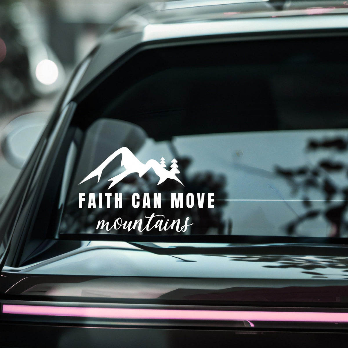 Inspirational car decal with the phrase “Faith Can Move Mountains” from Nostalgi Factory, featuring a mountain and faith-themed design.