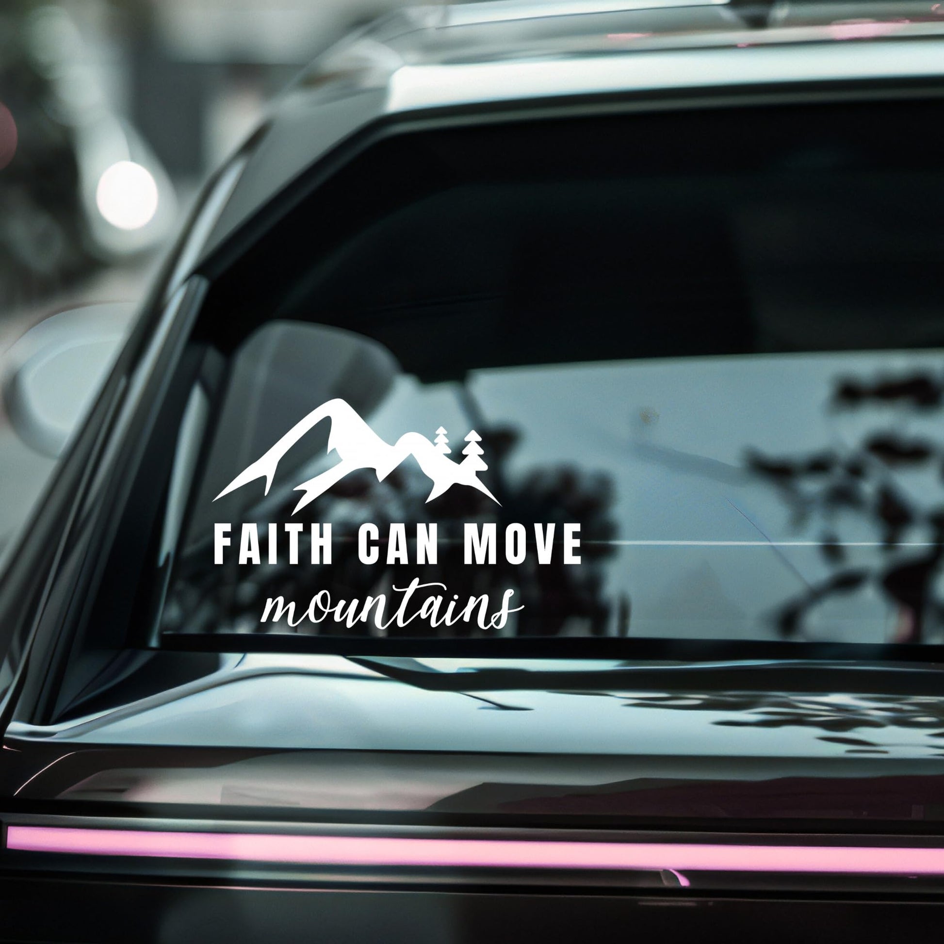 Inspirational car decal with the phrase “Faith Can Move Mountains” from Nostalgi Factory, featuring a mountain and faith-themed design.
