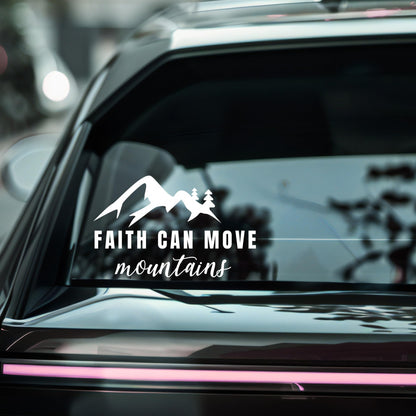 Inspirational car decal with the phrase “Faith Can Move Mountains” from Nostalgi Factory, featuring a mountain and faith-themed design.