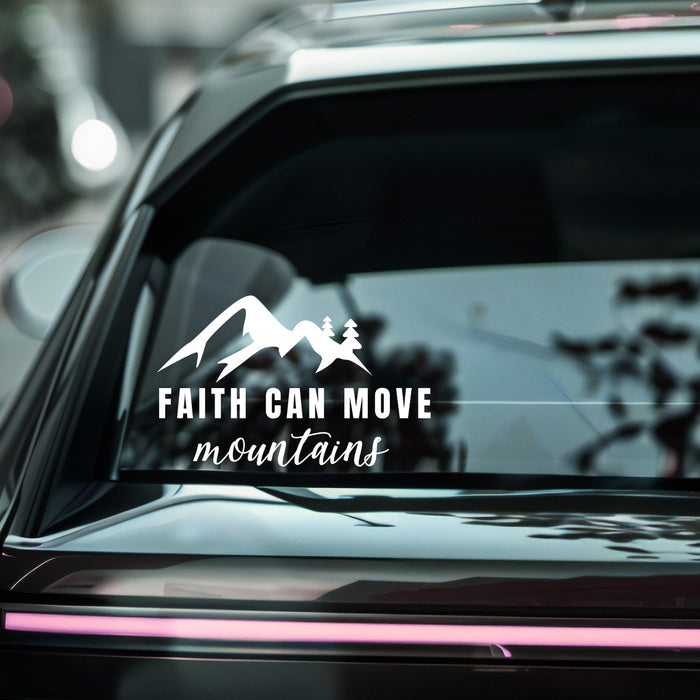 Inspirational car decal with the phrase “Faith Can Move Mountains” from Nostalgi Factory, featuring a mountain and faith-themed design.