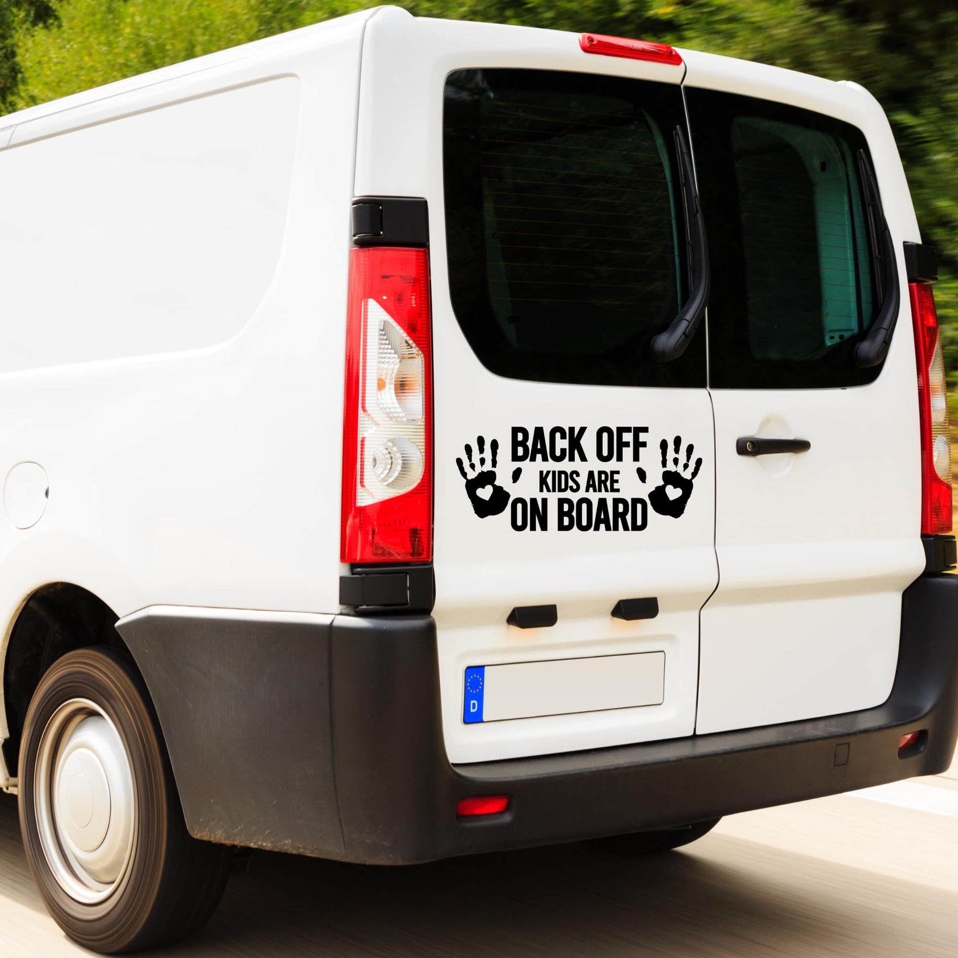Back Off kids on board car decal with handprint and heart design in various colors, vinyl safety warning sticker for vehicles.