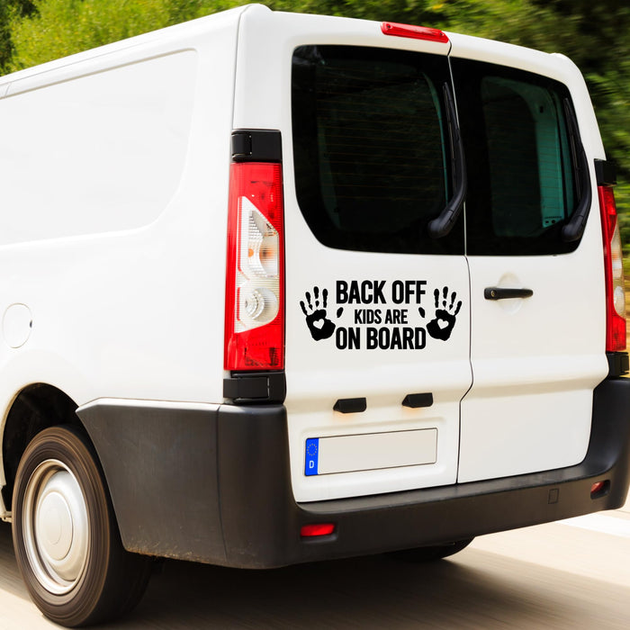Back Off kids on board car decal with handprint and heart design in various colors, vinyl safety warning sticker for vehicles.