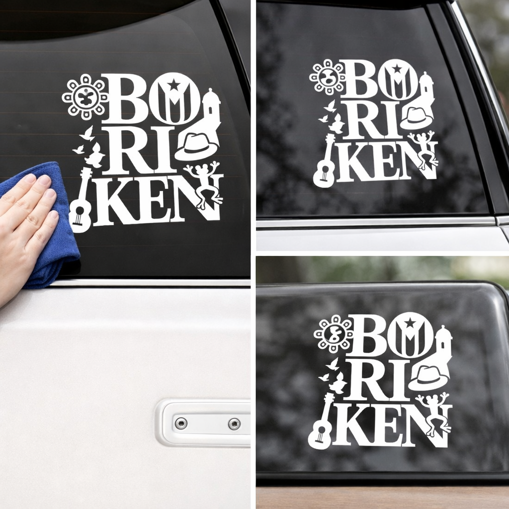 Boricua pride car decal by Nostalgi Factory featuring Puerto Rico flag and Boriken text on a clear adhesive sticker.