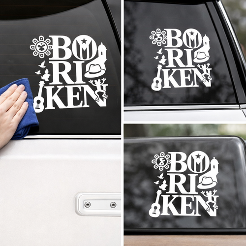 Boricua pride car decal by Nostalgi Factory featuring Puerto Rico flag and Boriken text on a clear adhesive sticker.