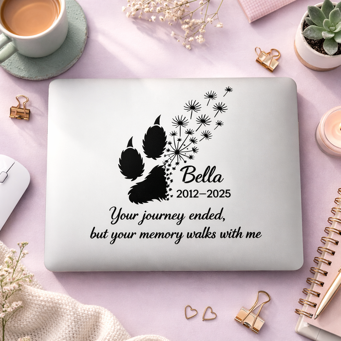 Personalized pet memorial car decal with dog and cat paw prints, custom name and years, vinyl sticker from Nostalgi Factory.