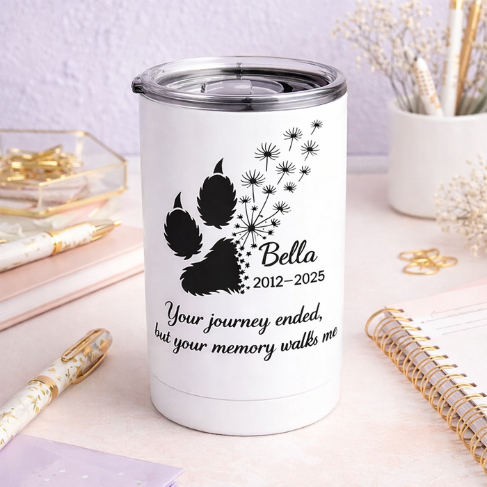 White 8-inch personalized pet memorial decal featuring a dog and cat paw print, custom name, and years vinyl car sticker.