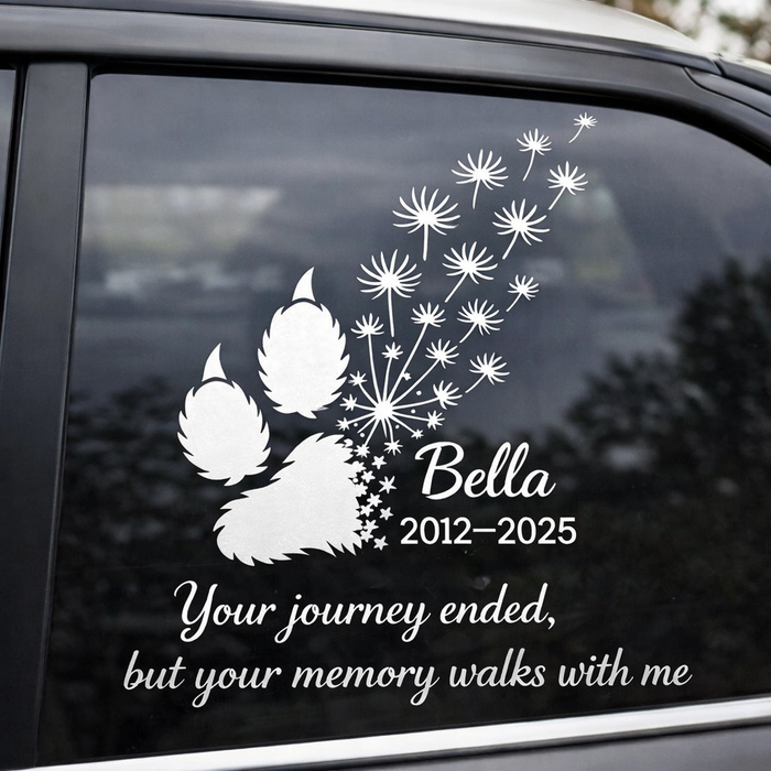 White personalized pet memorial car decal featuring a dog and cat paw print with custom name and years, 8-inch vinyl sticker.