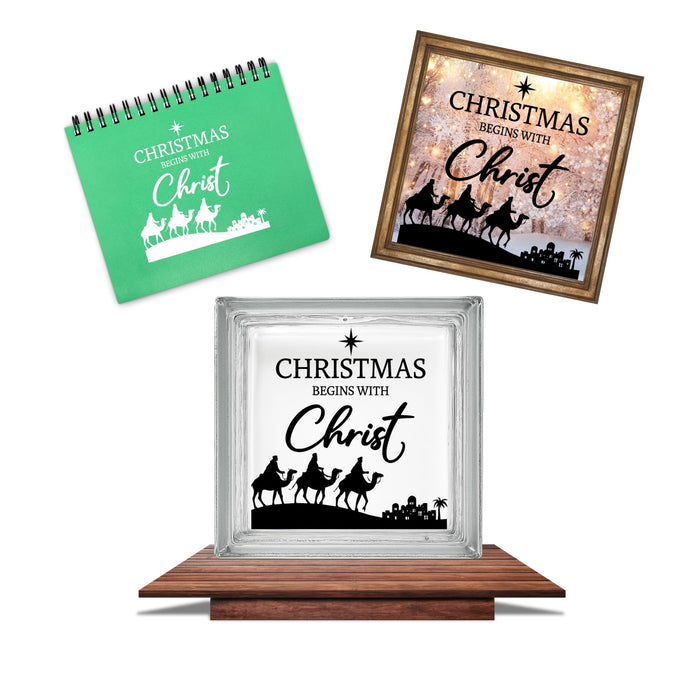 Set of two Christmas begins with Christ faith-based vinyl decals for holiday decorating by Nostalgi Factory.