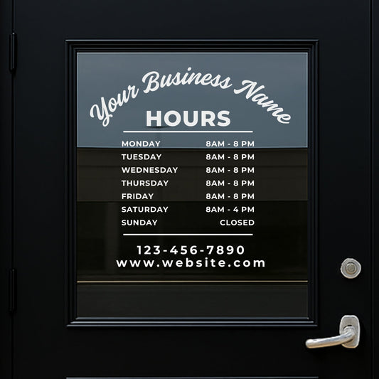 Custom business hours vinyl decal from Nostalgi Factory showing personalized store hours, phone, and website on a transparent background.
