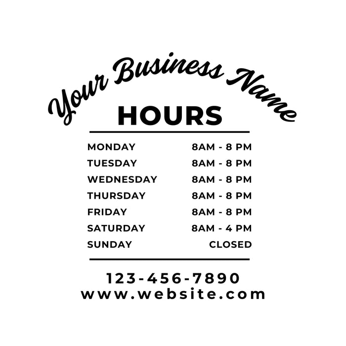 Custom business hours vinyl decal by Nostalgi Factory showing personalized store hours, phone number, and website on a clear background.