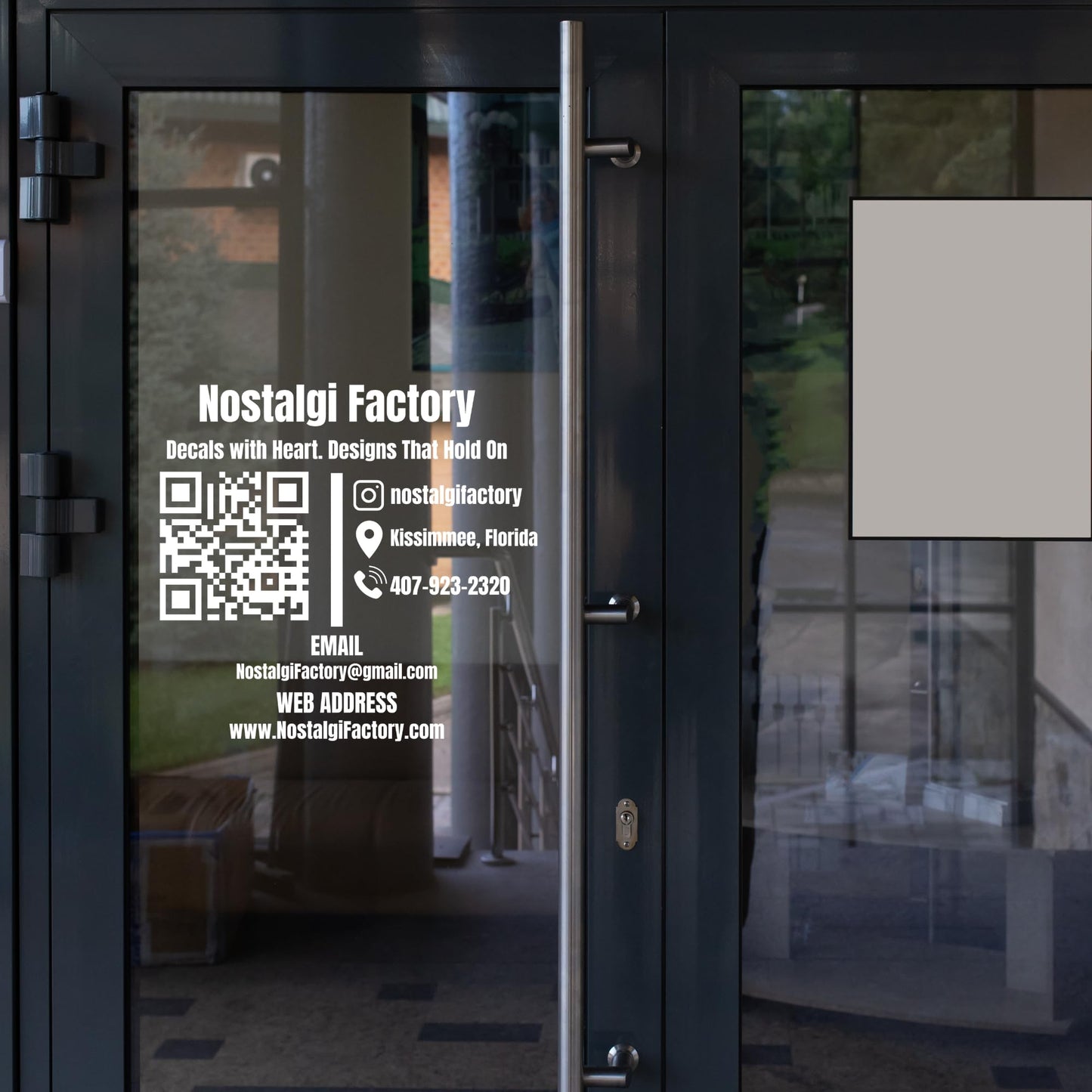 Custom business vinyl decal from Nostalgi Factory showing personalized store hours, phone, and social media icons in five colors.