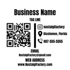 Custom vinyl decal from Nostalgi Factory featuring personalized store hours, phone, and social media icons in five colors.