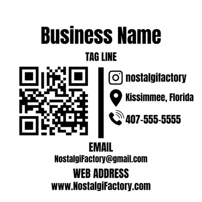 Custom vinyl decal from Nostalgi Factory featuring personalized store hours, phone, and social media icons in five colors.