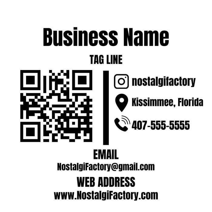 Custom vinyl decal from Nostalgi Factory featuring personalized store hours, phone, and social media icons in five colors.