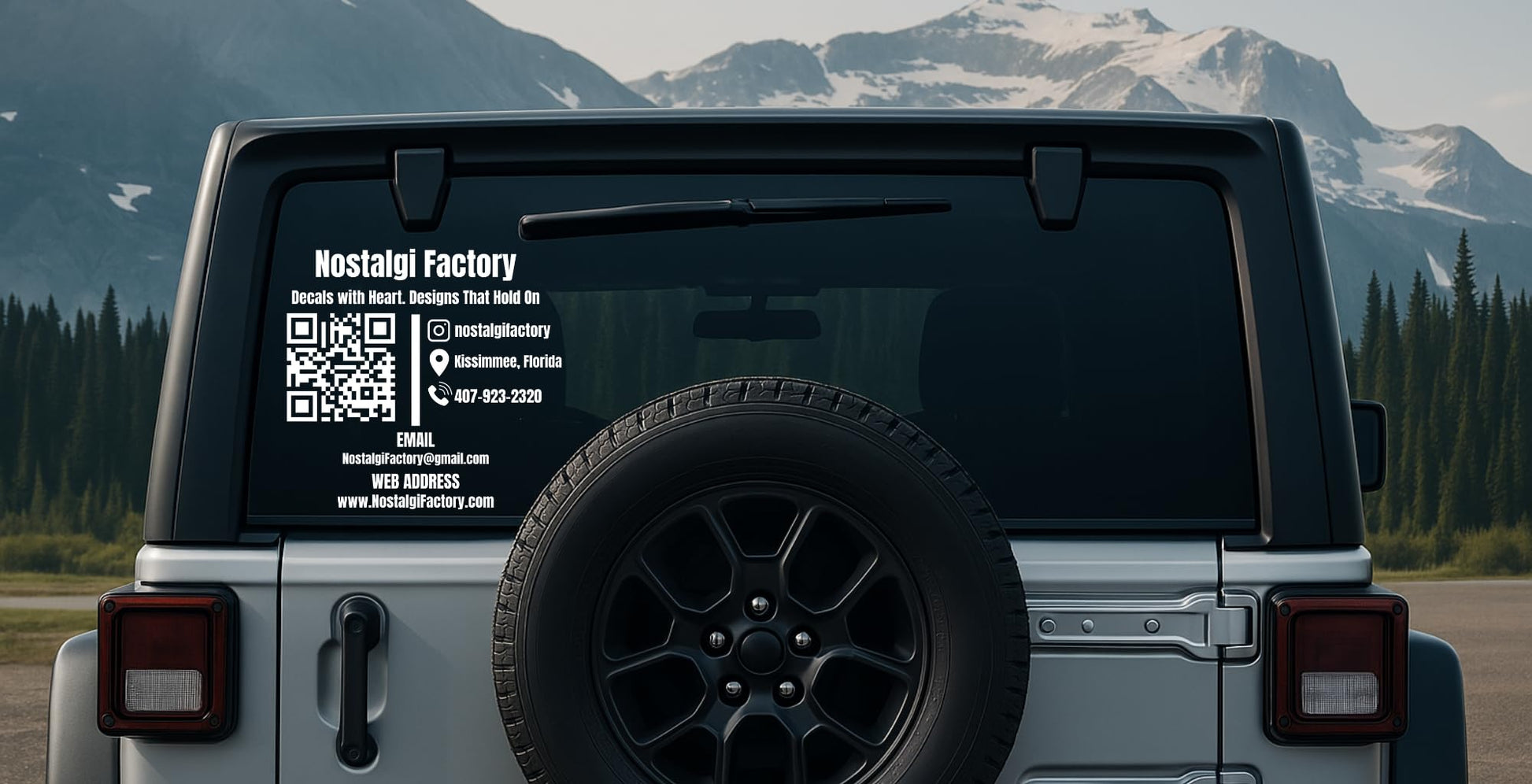 Custom business vinyl decal from Nostalgi Factory featuring personalized store hours, phone, and social media icons in 5 colors.