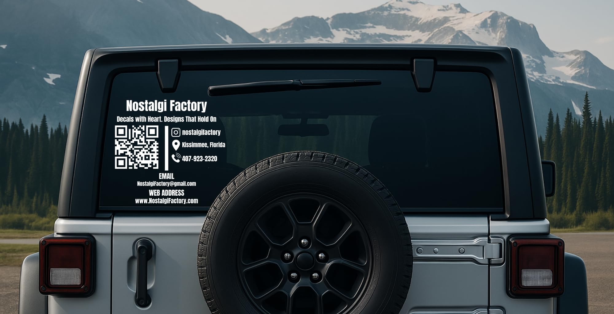Custom business vinyl decal from Nostalgi Factory featuring personalized store hours, phone, and social media icons in 5 colors.
