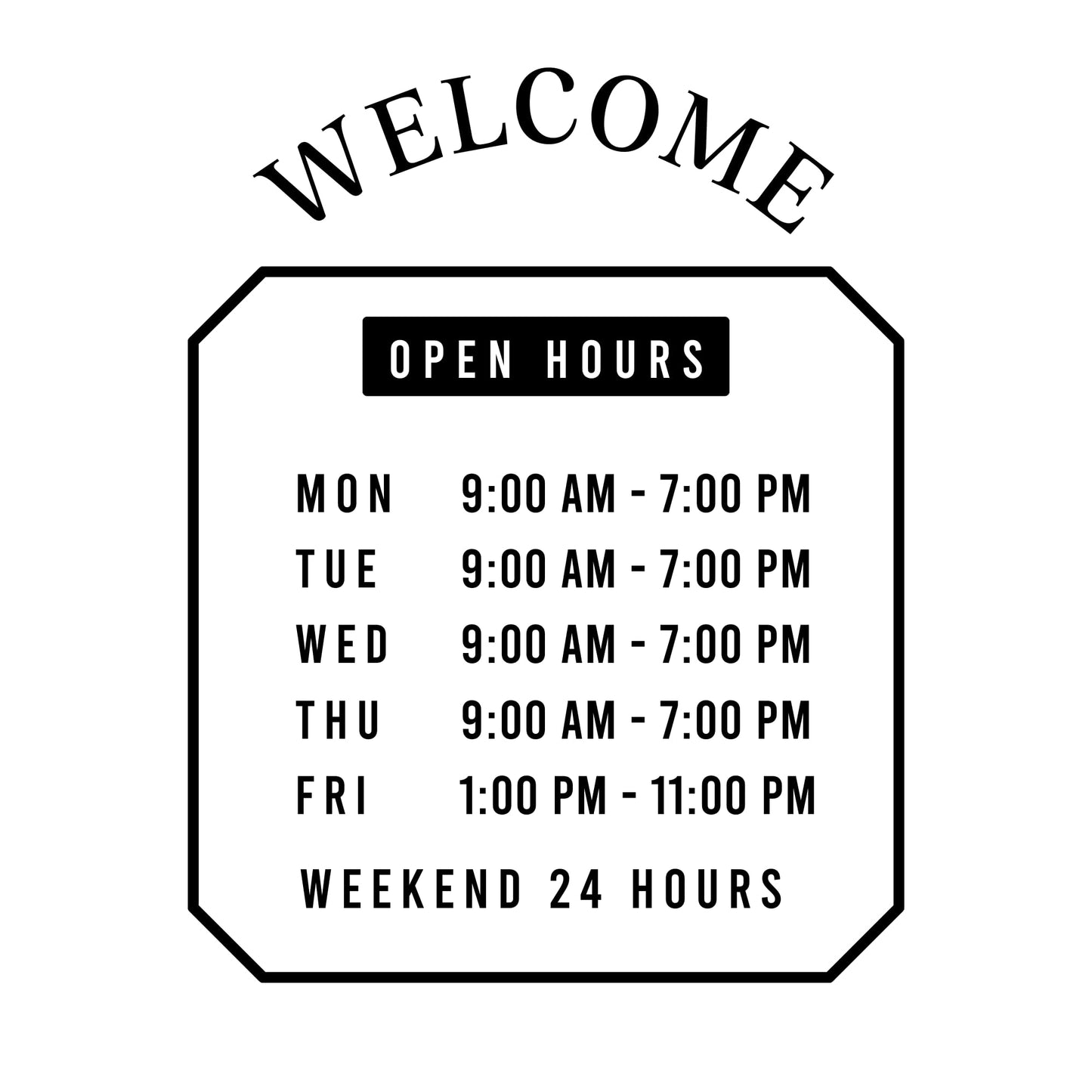Custom business hours window decal by Nostalgi Factory, featuring a welcome open hours vinyl sign for commercial use.