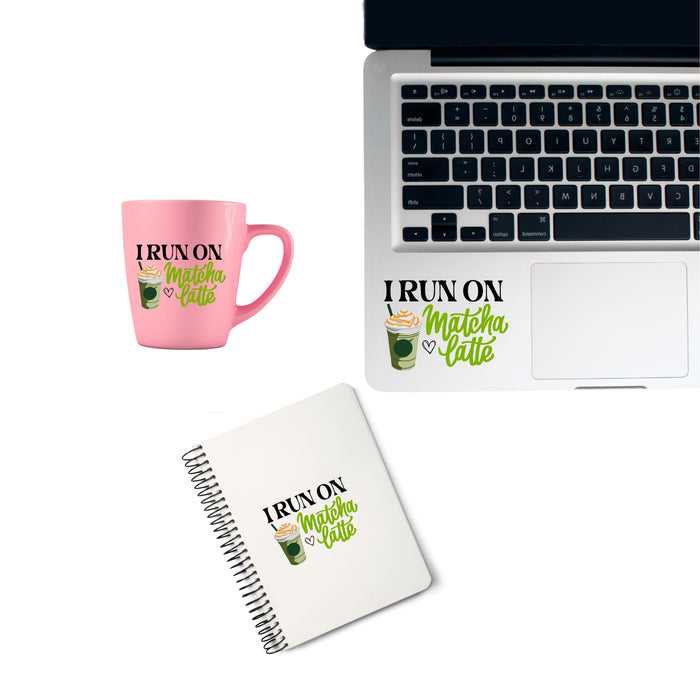 Waterproof vinyl decal featuring "I Run On Matcha Latte" design, ideal for laptops, water bottles, and mugs by Nostalgi Factory.