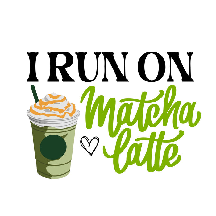 Waterproof vinyl decal of "I Run On Matcha Latte" sticker by Nostalgi Factory, shown on a laptop with vibrant green and white design.