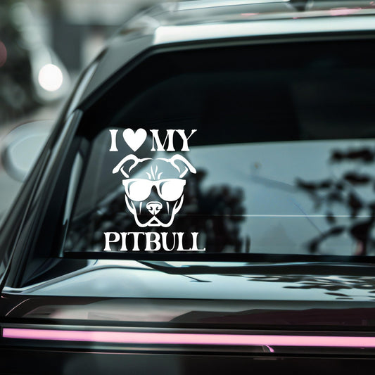 I Love My Pitbull car decal with cool sunglasses design in five colors, made of durable vinyl sticker for vehicles.