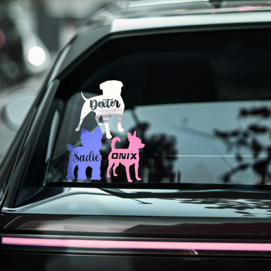 Blue 5-inch custom dog silhouette decal by Nostalgi Factory, featuring all breeds and space for a dog’s name, ideal for car decor.