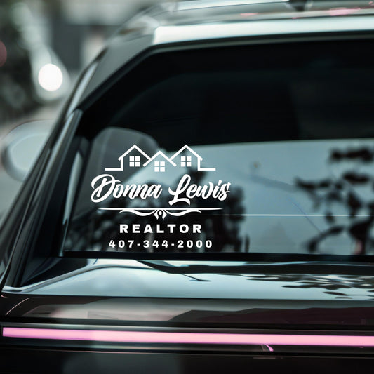 Custom realtor car decal by Nostalgi Factory featuring vinyl logo, name, phone number in 12 color options, suitable for vehicle branding.